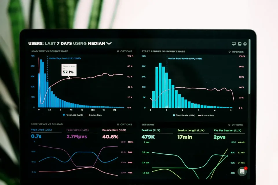 Dashboard analitik dengan grafik di layar laptop
